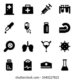 Solid vector icon set - first aid room vector, doctor bag, syringe, vial, pipette, drop counter, mri, bacteria, lungs, bladder, virus, pills bottle, pulse clipboard, hat, flask