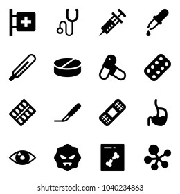 Solid vector icon set - first aid room vector, stethoscope, syringe, pipette, thermometer, pill, pills, blister, scalpel, medical patch, stomach, eye, virus, x ray, molecule