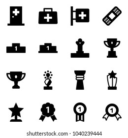 Solid vector icon set - first aid room vector, doctor bag, medical patch, pedestal, winner, win cup, gold, award, medal