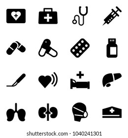 Solid vector icon set - first aid kit vector, doctor bag, stethoscope, syringe, pills, blister, bottle, scalpel, heart beat, hospital bed, liver, lungs, kidneys, medical mask, hat