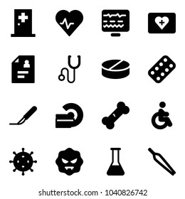 Solid vector icon set - first aid room vector, heart pulse, diagnostic monitor, kit, patient card, stethoscope, pill, pills blister, scalpel, mri, broken bone, disabled, virus, flask, forceps