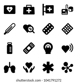 Solid vector icon set - first aid kit vector, doctor bag, room, tonometer, thermometer, heart diagnosis, pills blister, vial, medical patch, mri, beat, lungs, care, ambulance star, molecule