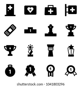 Solid vector icon set - first aid room vector, kit, doctor bag, medical patch, pedestal, winner, win cup, gold, award, medal