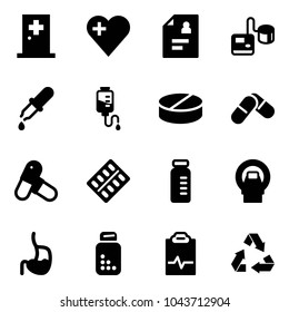 Solid vector icon set - first aid room vector, heart, patient card, tonometer, pipette, drop counter, pill, pills, blister, vial, mri, stomach, bottle, pulse clipboard, recycling