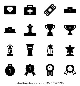 Solid vector icon set - first aid kit vector, doctor bag, medical patch, pedestal, winner, win cup, gold, award, medal