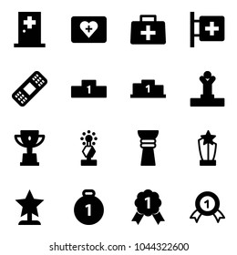 Solid vector icon set - first aid room vector, kit, doctor bag, medical patch, pedestal, winner, win cup, award, gold medal