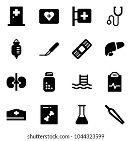Solid vector icon set - first aid room vector, kit, stethoscope, drop counter, scalpel, medical patch, liver, kidneys, pills bottle, pool, pulse clipboard, doctor hat, x ray, flask, forceps