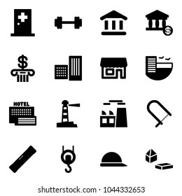 Solid vector icon set - first aid room vector, barbell, bank, account, building, store, hotel, sea, lighthouse, plant, fretsaw, level, winch, construction helmet, constructor blocks