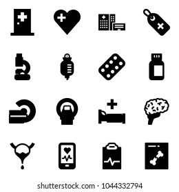 Solid vector icon set - first aid room vector, heart, hospital building, medical label, lab, drop counter, pills blister, bottle, mri, bed, brain, bladder, mobile monitor, pulse clipboard, x ray