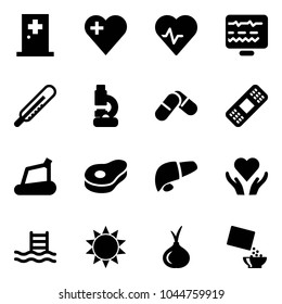 Solid vector icon set - first aid room vector, heart, pulse, diagnostic monitor, thermometer, lab, pills, medical patch, treadmill, meat, liver, care, pool, sun, onion, cereal