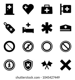 Solid vector icon set - first aid room vector, heart, doctor bag, medical label, hospital bed, ambulance star, hat, prohibition road sign, no parkin odd, pedestrian, shield cross, flags, delete