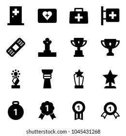 Solid vector icon set - first aid room vector, kit, doctor bag, medical patch, winner, win cup, gold, award, medal