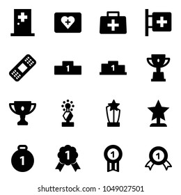 Solid vector icon set - first aid room vector, kit, doctor bag, medical patch, pedestal, win cup, gold, award, medal