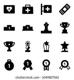 Solid vector icon set - first aid kit vector, doctor bag, room, medical patch, pedestal, winner, win cup, gold, award, medal