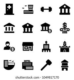 Solid vector icon set - first aid room vector, airport building, barbell, bank, account, store, sand fort, hotel, sea, rubber hammer, toy block house