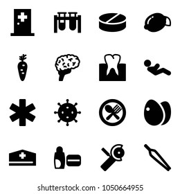 Solid vector icon set - first aid room vector, vial, pill, lemon, carrot, brain, tooth, abdominal muscles, ambulance star, virus, fork spoon plate, eggs, doctor hat, uv cream, Angular grinder