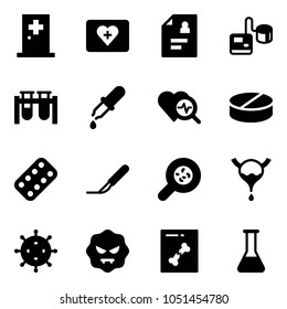 Solid vector icon set - first aid room vector, kit, patient card, tonometer, vial, pipette, heart diagnosis, pill, pills blister, scalpel, bacteria, bladder, virus, x ray, flask
