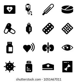 Solid vector icon set - first aid kit vector, drop counter, thermometer, pill, pills, blister, bottle, heart beat, kidneys, eye, virus, doctor hat, x ray