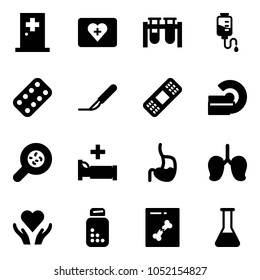 Solid vector icon set - first aid room vector, kit, vial, drop counter, pills blister, scalpel, medical patch, mri, bacteria, hospital bed, stomach, lungs, heart care, bottle, x ray, flask