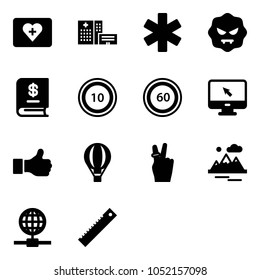 Solid vector icon set - first aid kit vector, hospital building, ambulance star, virus, annual report, speed limit 10 road sign, 60, monitor cursor, like, air balloon, victory, mountains, globe