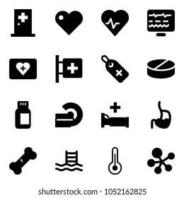 Solid vector icon set - first aid room vector, heart, pulse, diagnostic monitor, kit, medical label, pill, pills bottle, mri, hospital bed, stomach, broken bone, pool, thermometer, molecule