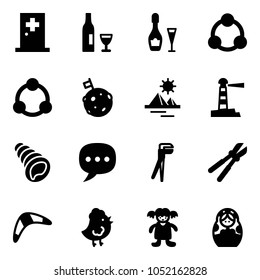 Solid vector icon set - first aid room vector, wine, social, community, moon flag, pyramid, lighthouse, shell, chat, plumber, bolt cutter, boomerang, chicken toy, doll, russian