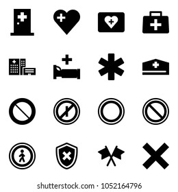 Solid vector icon set - first aid room vector, heart, kit, doctor bag, hospital building, bed, ambulance star, hat, prohibition road sign, no parkin odd, pedestrian, shield cross, flags, delete