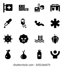 Solid vector icon set - first aid room vector, hospital building, tonometer, vial, pipette, drop counter, abdominal muscles, ambulance star, virus, pool, sweet pepper, pear, onion, milk, success