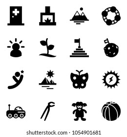 Solid vector icon set - first aid room vector, fireplace, mountains, friends, idea, sprout, pyramid flag, moon, flying man, butterfly, sun power, rover, plumber, doll, basketball