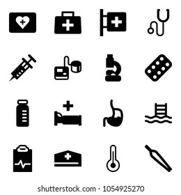 Solid vector icon set - first aid kit vector, doctor bag, room, stethoscope, syringe, tonometer, lab, pills blister, vial, hospital bed, stomach, pool, pulse clipboard, hat, thermometer, forceps