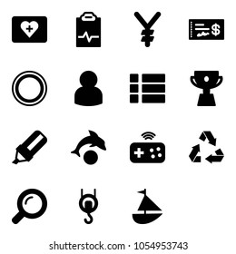 Solid vector icon set - first aid kit vector, pulse clipboard, yen, check, prohibition road sign, user, menu, cup, highlight marker, dolphin, joystick wireless, recycling, magnifier, winch