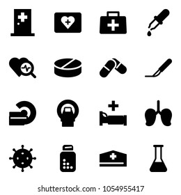 Solid vector icon set - first aid room vector, kit, doctor bag, pipette, heart diagnosis, pill, pills, scalpel, mri, hospital bed, lungs, virus, bottle, hat, flask