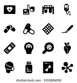 Solid vector icon set - first aid kit vector, tonometer, vial, drop counter, pills, blister, scalpel, medical patch, mri, bacteria, heart, mask, bottle, x ray, molecule