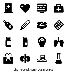 Solid vector icon set - first aid room vector, heart, diagnostic monitor, doctor bag, medical label, thermometer, pill, pills blister, bottle, vial, mri, lungs, tooth, kidneys, pool, flask