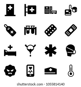 Solid vector icon set - first aid room vector, hospital building, tonometer, medical label, vial, pills blister, patch, bed, bladder, ambulance star, mask, virus, mobile heart monitor, doctor hat