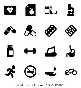 Solid vector icon set - first aid kit vector, diet list, hospital building, lab, pills, blister, bottle, barbell, treadmill, stomach, run, no smoking sign, drop hand, bike