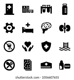 Solid vector icon set - first aid room vector, hospital building, vial, heart gear, bed, brain, kidneys, no alcohol sign, care, pool, fork spoon plate, breads, doctor hat, uv cream