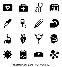 Solid vector icon set - first aid kit vector, doctor bag, stethoscope, vial, pipette, drop counter, thermometer, mri, stomach, heart, bladder, medical mask, virus, pulse clipboard, hat, molecule