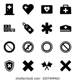 Solid vector icon set - first aid room vector, heart, kit, doctor bag, hospital building, medical label, ambulance star, hat, prohibition road sign, no parkin odd, shield cross, delete, flags