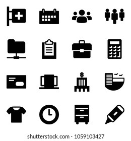 Solid Vector Icon Set - First Aid Room Vector, Schedule, Group, Network Folder, Clipboard, Portfolio, Calculator, Envelope, Doors, Bank Building, Hotel, T Shirt, Clock, Tool Cabinet, Marker