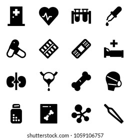 Solid vector icon set - first aid room vector, heart pulse, vial, pipette, pills, blister, medical patch, hospital bed, kidneys, bladder, broken bone, mask, bottle, x ray, molecule, forceps
