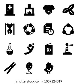 Solid vector icon set - first aid room vector, fireplace, dog, three leafs, pull ups, friends, history, community, round flask, flying man, passport, lighthouse, bolt cutter, balloon smile