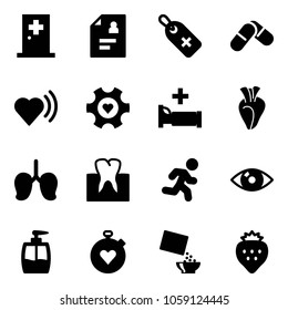 Solid vector icon set - first aid room vector, patient card, medical label, pills, heart beat, gear, hospital bed, lungs, tooth, run, eye, liquid soap, stopwatch, cereal, strawberry