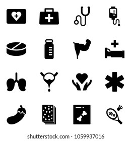 Solid vector icon set - first aid kit vector, doctor bag, stethoscope, drop counter, pill, vial, power hand, hospital bed, lungs, bladder, heart care, ambulance star, eggplant, breads, x ray