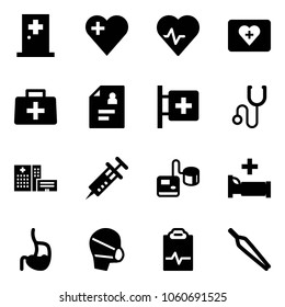 Solid vector icon set - first aid room vector, heart, pulse, kit, doctor bag, patient card, stethoscope, hospital building, syringe, tonometer, bed, stomach, medical mask, clipboard, forceps