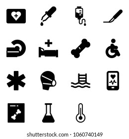 Solid vector icon set - first aid kit vector, pipette, drop counter, scalpel, mri, hospital bed, broken bone, disabled, ambulance star, medical mask, pool, mobile heart monitor, x ray, flask