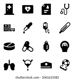 Solid vector icon set - first aid room vector, kit, patient card, stethoscope, hospital building, pipette, drop counter, thermometer, pill, pills, mri, lungs, bladder, doctor hat, teethers