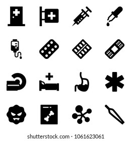 Solid vector icon set - first aid room vector, syringe, pipette, drop counter, pills blister, medical patch, mri, hospital bed, stomach, ambulance star, virus, x ray, molecule, forceps