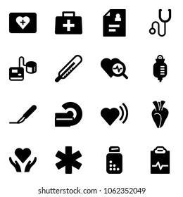 Solid vector icon set - first aid kit vector, doctor bag, patient card, stethoscope, tonometer, thermometer, heart diagnosis, drop counter, scalpel, mri, beat, care, ambulance star, pills bottle