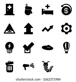 Solid vector icon set - first aid room vector, christmas glove, hospital bed, money back, drawbridge road sign, uplooad, growth arrow, gear, idea, check, woman hat, air balloon, trash bin, dryer
